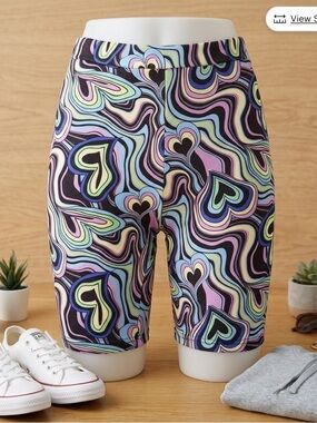 Y2K Psychedelic Swirl & Heart High Waisted Shorts - Multi Color - 055